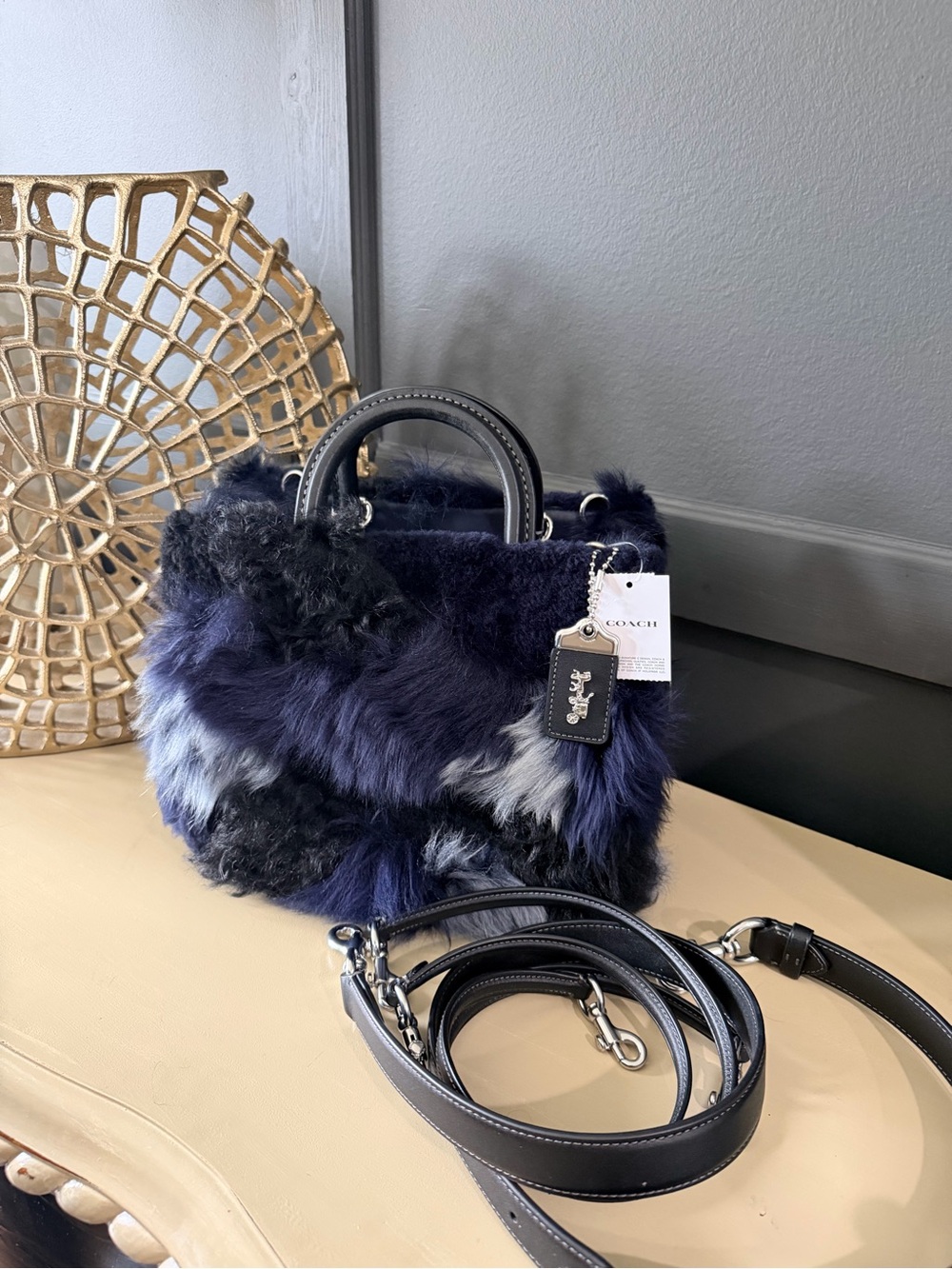Coach Shearling Patchwork Rogue 25 Navy & Black w/Silver hardware | NWT